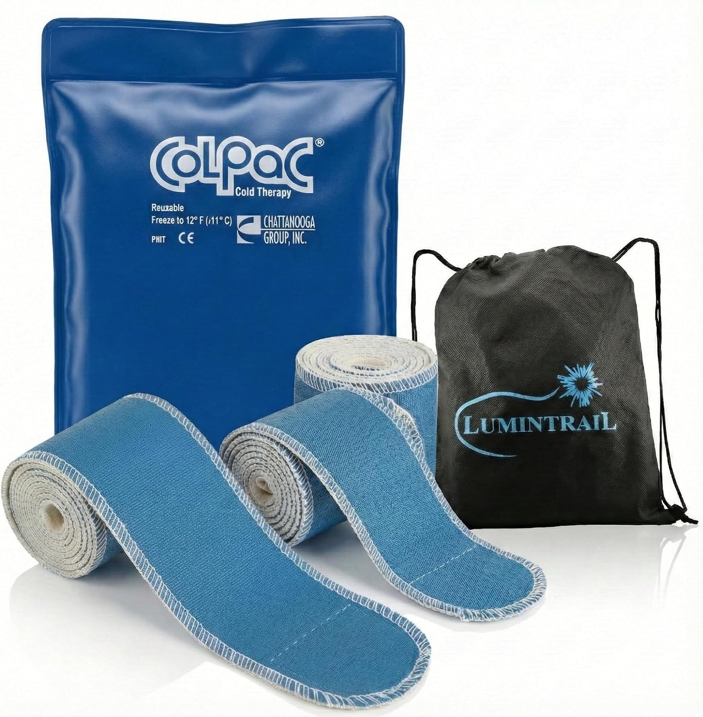 Chattanooga ColPac, Reusable Gel Ice Pack, Cold Therapy for Neck, Shoulder, Upper Back for Headaches, Inflammation, 23" Neck Contour, Blue Vinyl, with a Lumintrail Drawstring Bag