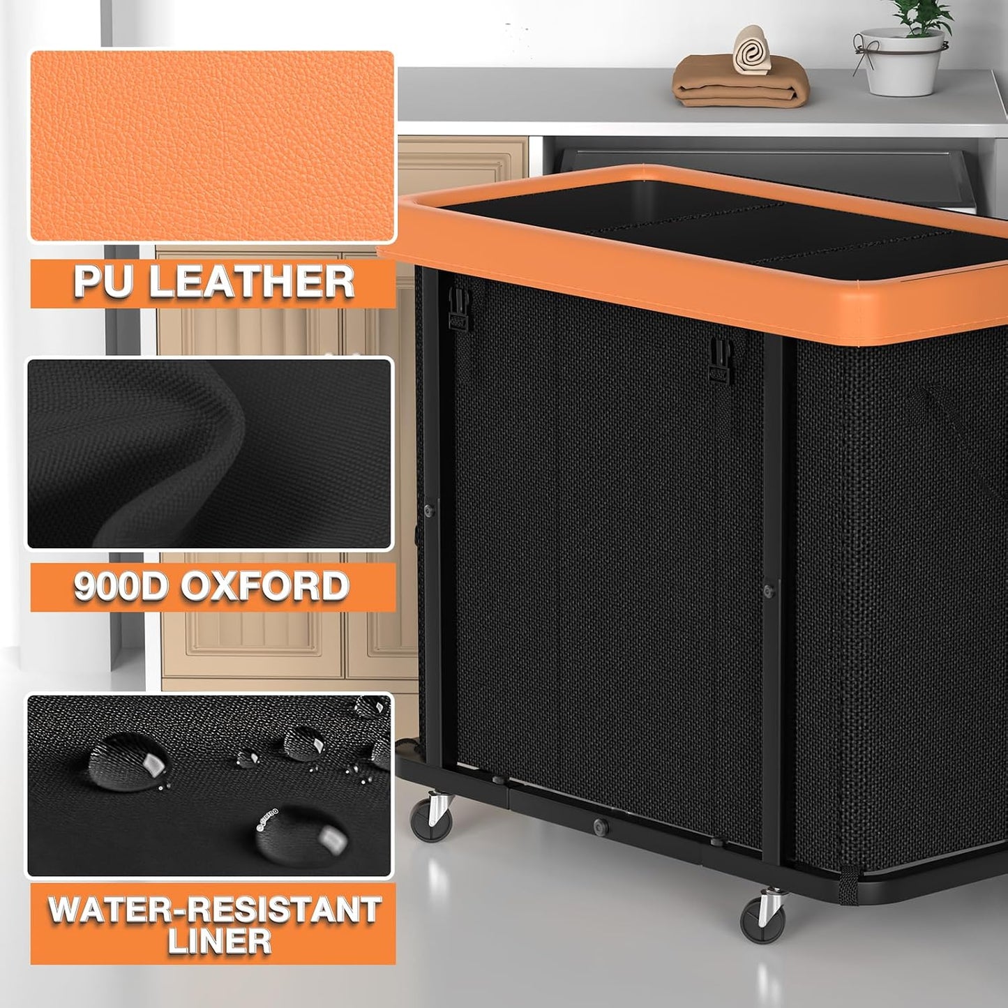 Laundry Hamper with Wheels,150L Leather Patchwork Clothes Hamper Black | Rolling Laundry Basket with Sturdy Metal Frame, Removable Washable Bag,Tall Clothes Sorter for Bedroom, Laundry Room, Dorm