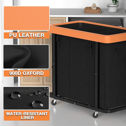Laundry Hamper with Wheels,150L Leather Patchwork Clothes Hamper Black | Rolling Laundry Basket with Sturdy Metal Frame, Removable Washable Bag,Tall Clothes Sorter for Bedroom, Laundry Room, Dorm