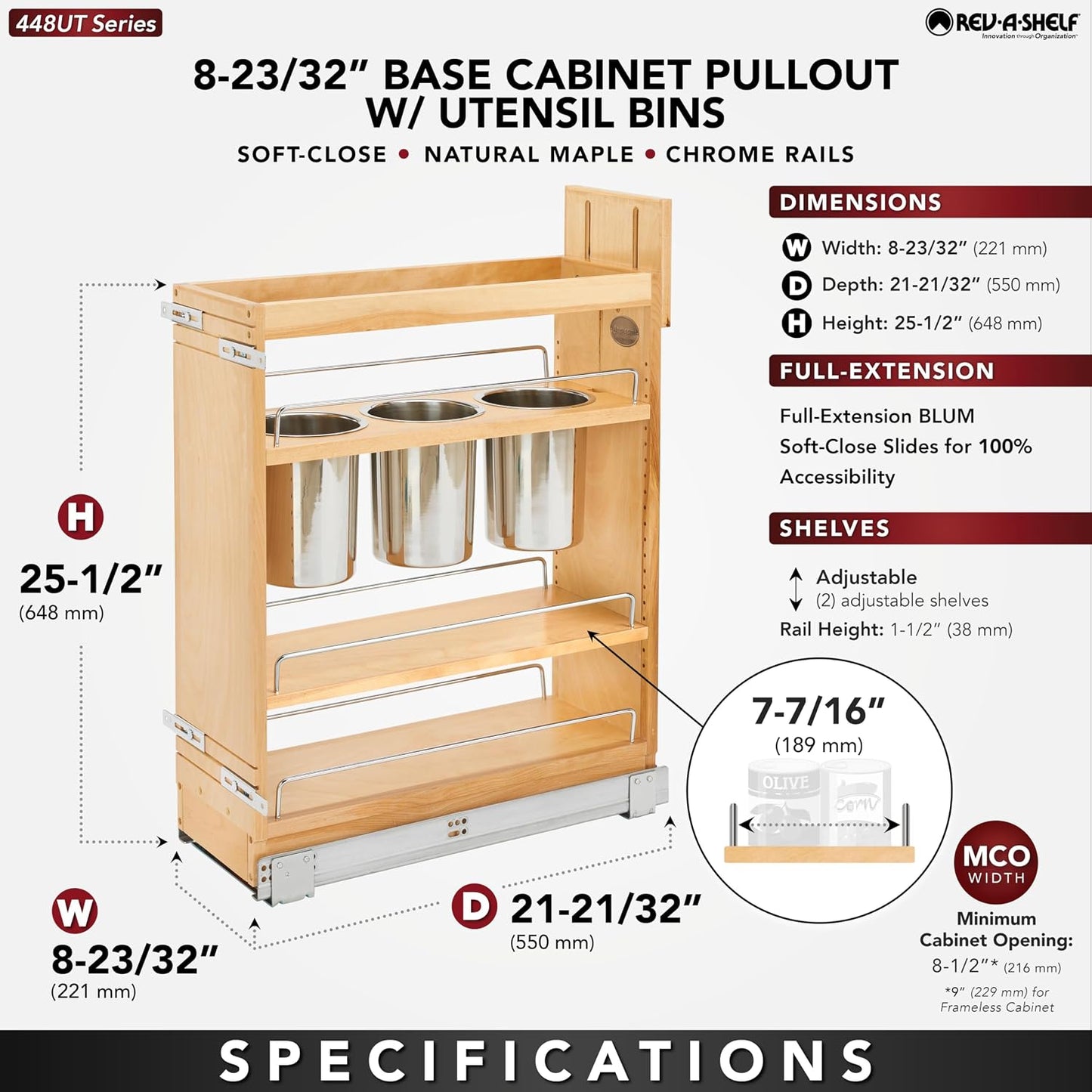 Rev-A-Shelf Pullout Organizer w/Soft-Close, Min Cabinet Opening 5.5" W | 5" W Slide Out Pantry Spice or Utensil Storage Rack w/BLUM Soft-Close & Adjustable Shelves for Base Cabinet, 448UT-BCSC-5C