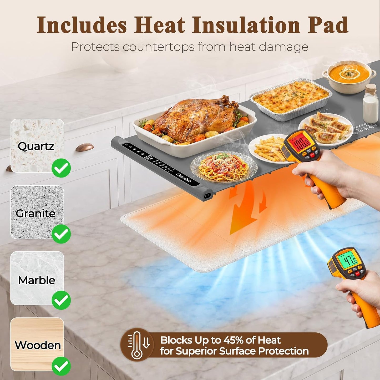 Warming Mat for Food, Electric Warming Tray with Heat-Resistant Pad-L Grey | Colorlife 6 Preset Modes, 7 Temps, 6H Timer, Child Lock, Auto-Memory, Rollable Silicone Food Warmer for Buffet, Parties