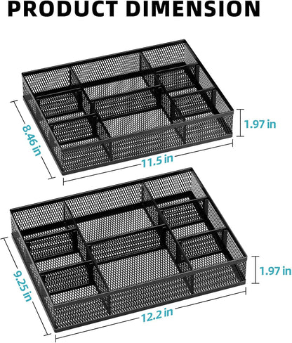 Marbrasse 2 Pack Desk Drawer Organizer, Mesh Drawer Organizer Tray with 8 Adjustable Compartments, Desk Organizers and Accessories, 5 Dividers Drawer for Office Supplies, Makeup & Vanity (Black)