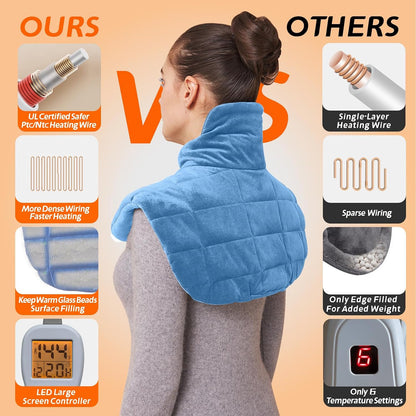 Ambershine 19''x24'' Weighted Neck & Shoulder Heating Pad, 2.5lbs with 12 Temperature Settings& 4 Auto-Off Timers, Pain Relief for Neck/Shoulder/Back(Gray&Blue)