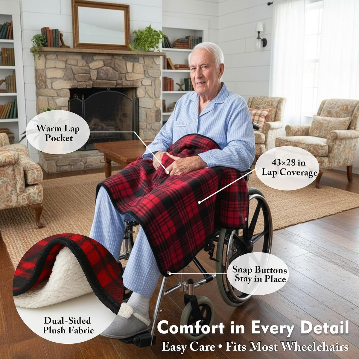 Wheelchair Lap Blanket for Seniors, 43" * 28" Soft Sherpa Lined Knee & Lap Cover, Warm Lightweight Throw with Snap Buttons, Cozy Comfort for Elderly & Caregivers, Wine Red