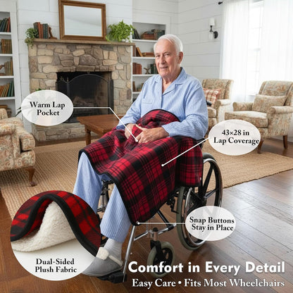 Wheelchair Lap Blanket for Seniors, 43" * 28" Soft Sherpa Lined Knee & Lap Cover, Warm Lightweight Throw with Snap Buttons, Cozy Comfort for Elderly & Caregivers, Wine Red