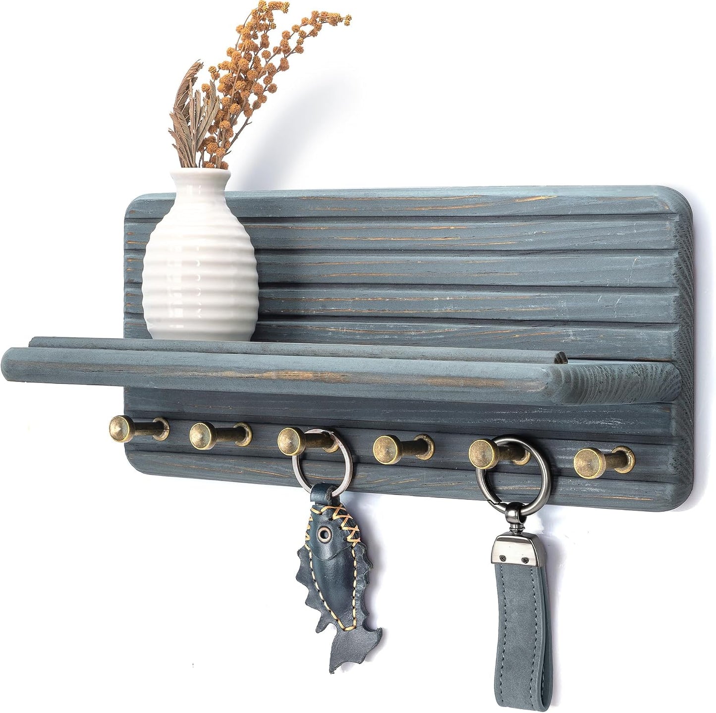 Rebee Vision Pine Wood Key Holder Wall Mount with Shelf for Entryway, Brown | 6 Key Hooks, Round Corner, Smooth&Hand-Friendly, Clear Wood Texture, Space-Saving Design, Organize Mail & Letter