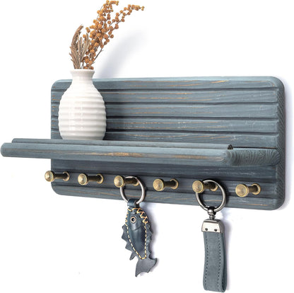 Rebee Vision Pine Wood Key Holder Wall Mount with Shelf for Entryway, Brown | 6 Key Hooks, Round Corner, Smooth&Hand-Friendly, Clear Wood Texture, Space-Saving Design, Organize Mail & Letter