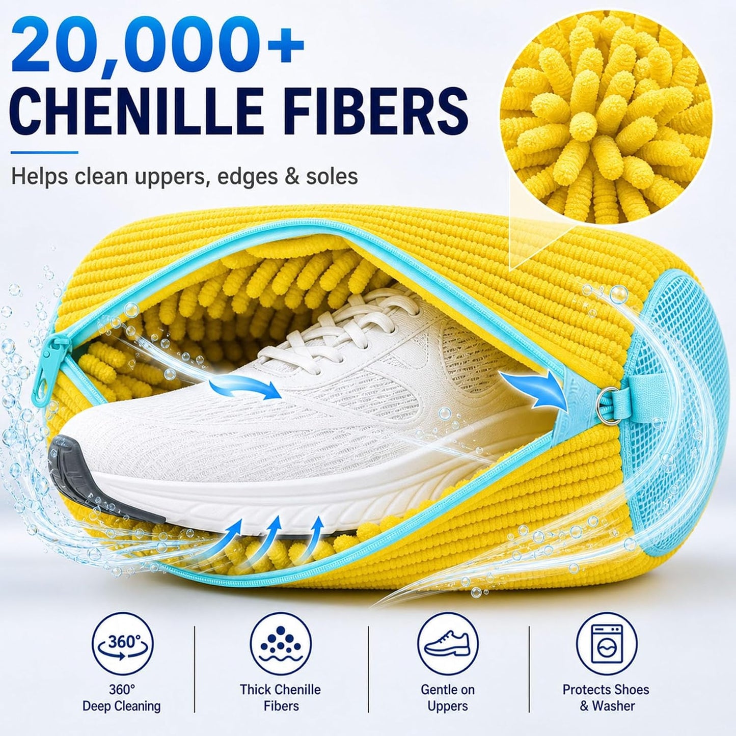 Shoe Washing Machine Bag: Shoes Come Out Clean & Protected during Washing | 2PC Laundry Shoe Bag for Washer and Dryer, Auto-Lock Zipper, Chenille Microfiber Lining, 17 x 7.5 inch, Durable, Yellow