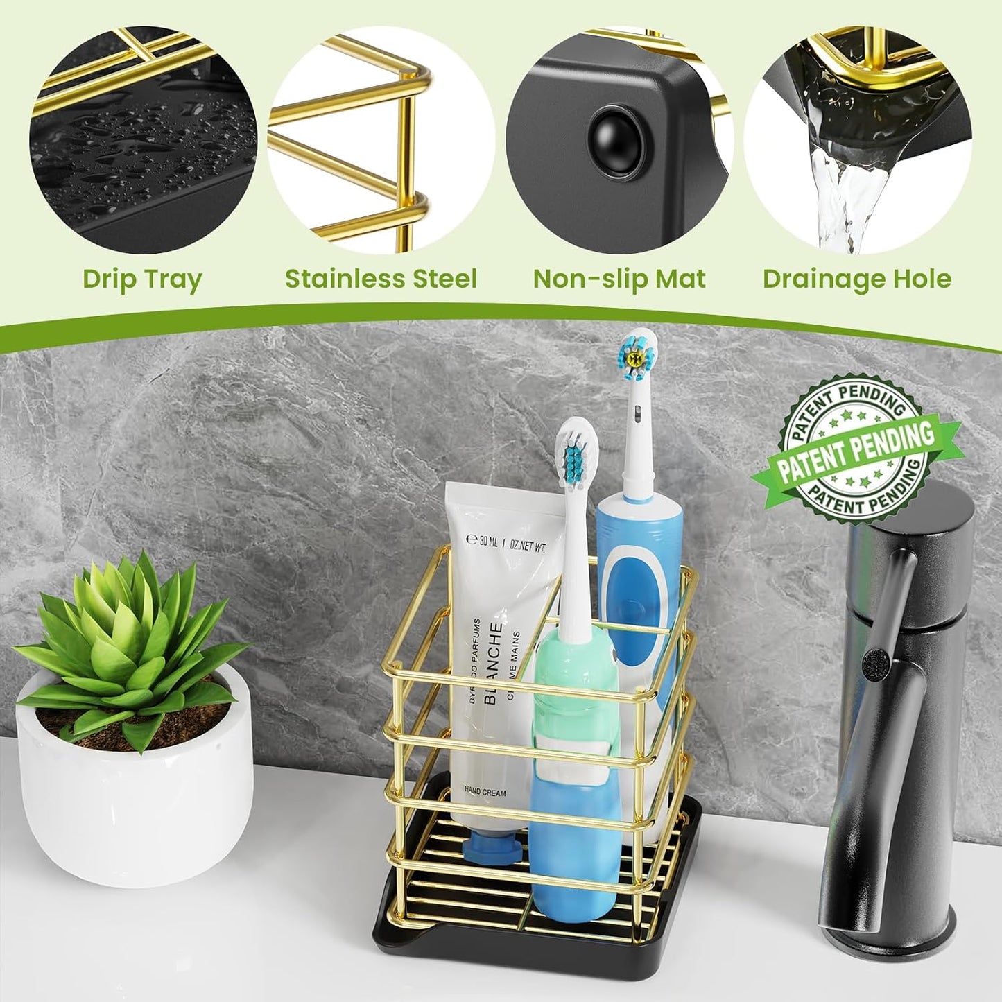Toothbrush Holders for Bathroom,Black,Stainless Steel,Detachable,Tray,3 Slot
