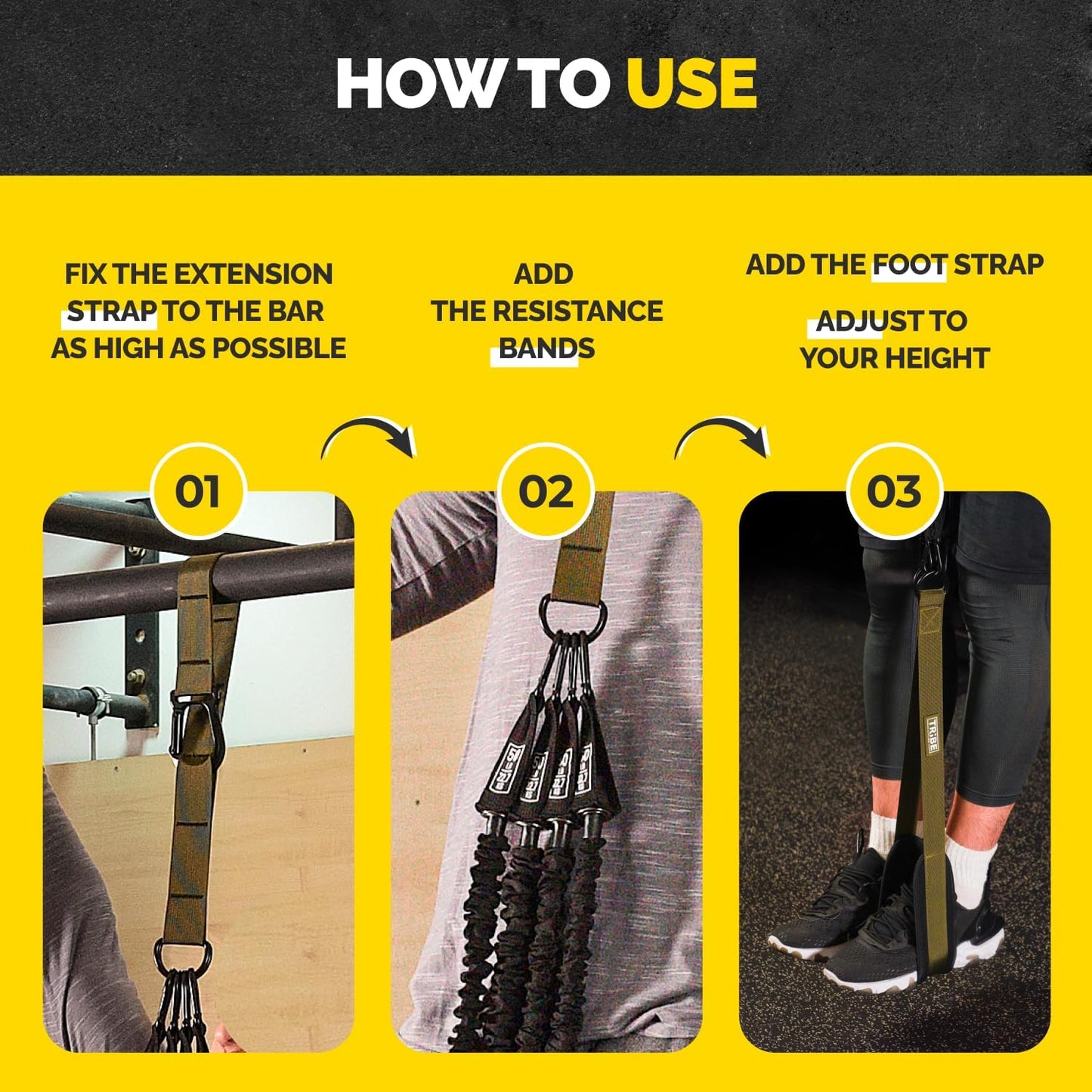 Pull Up Assistance Bands Set with 4 Levels, Adjustable Strap and Foot Rest | 50–200 lb stackable pull-up assistance, nylon-sleeved bands, adjustable support, reduced snap-back risk