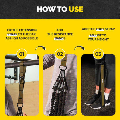 Pull Up Assistance Bands Set with 4 Levels, Adjustable Strap and Foot Rest | 50–200 lb stackable pull-up assistance, nylon-sleeved bands, adjustable support, reduced snap-back risk