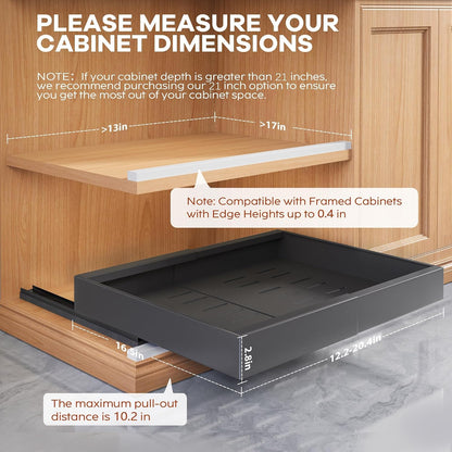 Seinloes 2Pack Expandable Pull Out Cabinet Organizer 21"Deep With Raising Pad for Framed Cabinets, Upgrade 3 Slide Rails Slide Out Drawers, Roll Out Shelves Adhesive,Adjustable Width 12.05"-20.4"White
