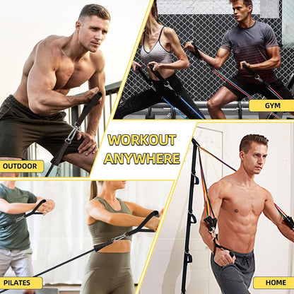 KANGFITER Door Anchor Strap & Resistance Bands for Working Out with Handles | Natural latex, 10-50 lbs, stackable to 150, Ankle Straps, Non-Slip Multi Point Attachment for Home Gym Fitness