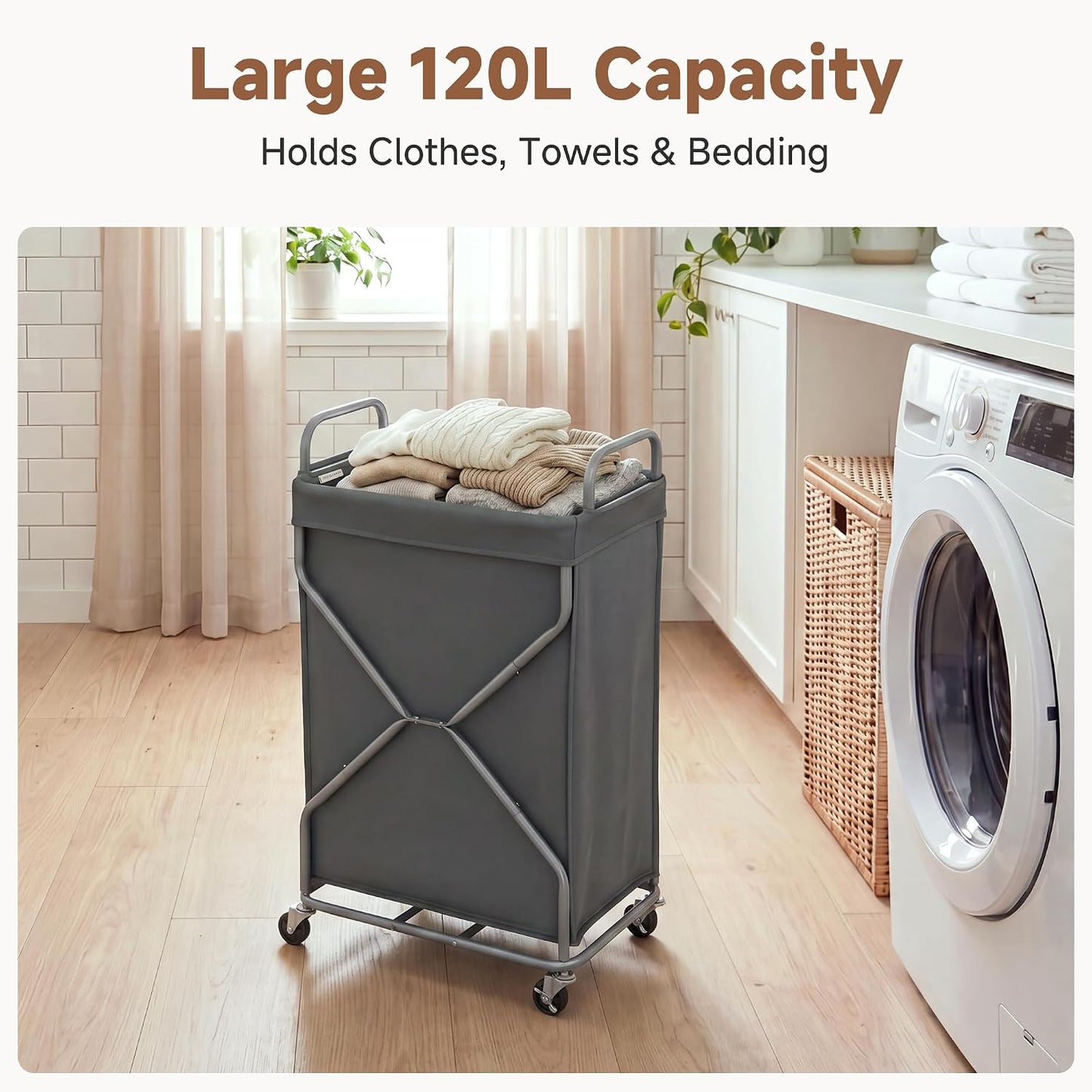 StorageWorks 2 Section Laundry Sorter with Wheels, 160L Beige Hamper Basket | Beige Divided Hamper, Rolling Organizer for Bedroom, Bathroom, College, Apartment