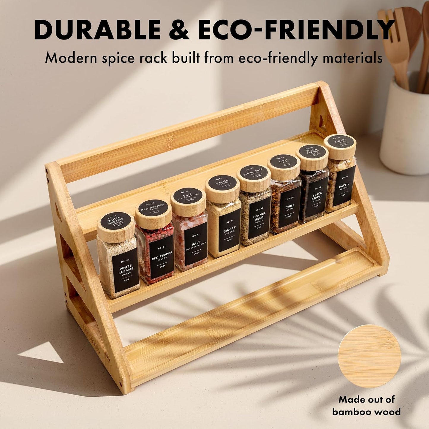 Bamboo Spice Drawer Organizer - Expandable 4 Tier Spice Rack (Need 3" Deep Drawer) 12" to 24" Wide, Seasoning Organizer, Organization Seasoning Rack insert (Jars Not Included)