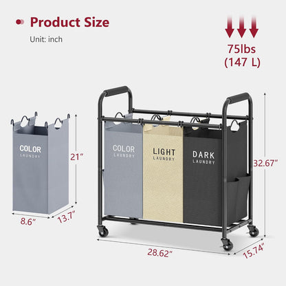 2 Bag Laundry Sorter Cart, Black & Grey | 50lbs Large Capacity, Removable Laundry Bags, Heavy Duty Lockable Rolling Wheels, Laundry Hamper Basket for Clothes Storage