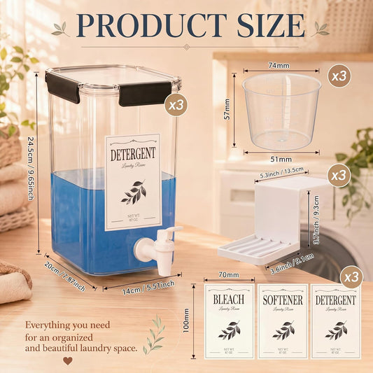 Soaoo 3 Set 87 oz Liquid Laundry Detergent Dispenser with Faucet and Cup Holder Labels Plastic Fabric Softener Container Detergent Drip Catcher for Laundry Room Washing Soap