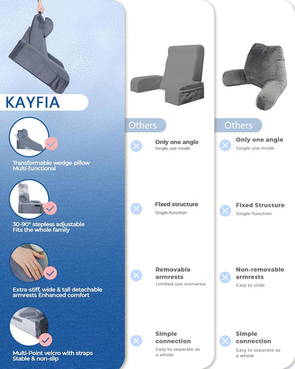 Kayfia Reading Pillow, 30-90° Stepless Adjust Angle & Height, Large, Grey | 2 in 1 Back Wedge Pillow for Bed Sitting up, Adjustable Headrest, Backrest Pillow for Reading/Gaming/Working in Bed or Couch
