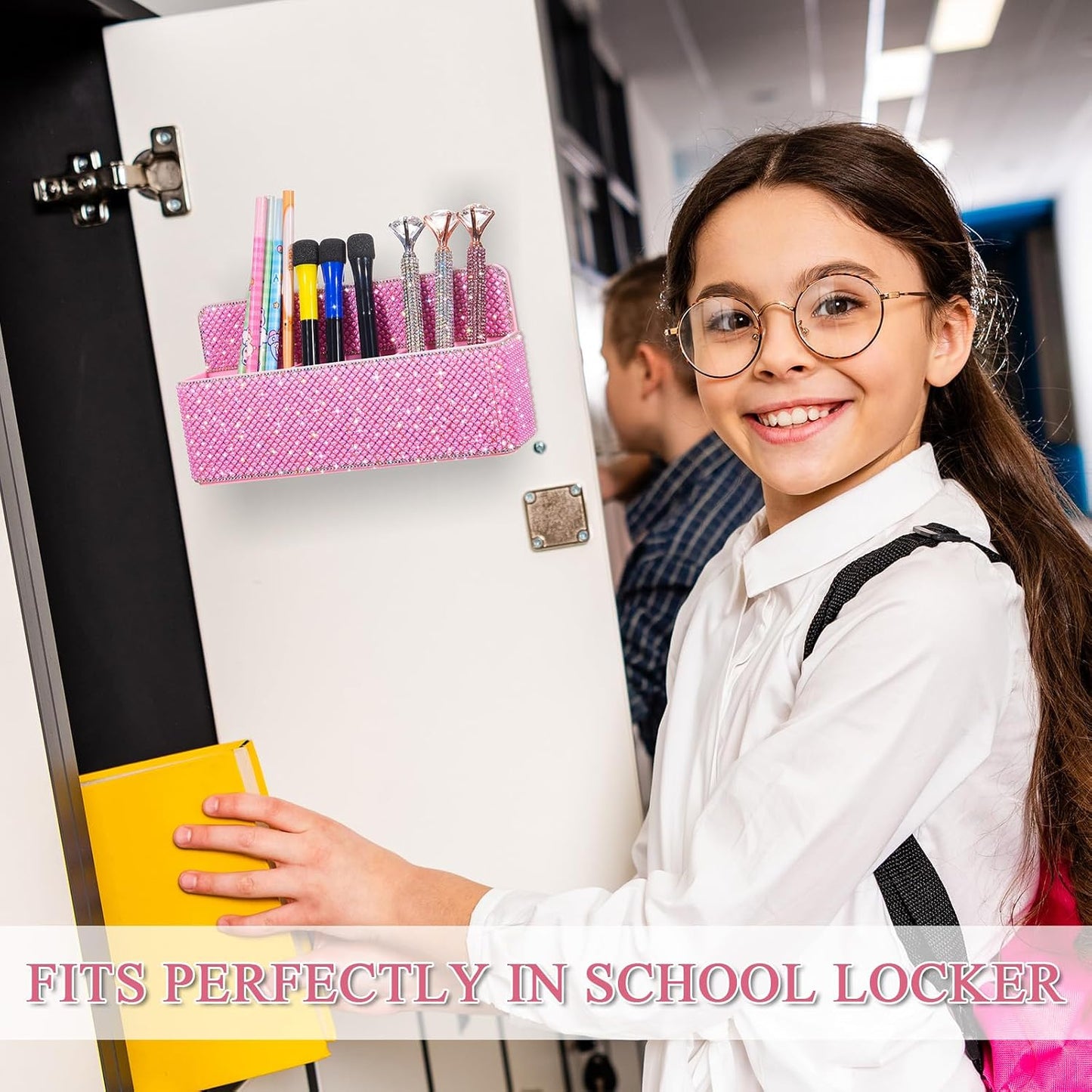 MotiMind Purple Locker Accessories for Girls, Bling Magnetic Pen Holder for Refrigerator, Back to School Rhinestone Marker Holder for Locker, Sparkly Gift for Student (Medium,Rhinestone)