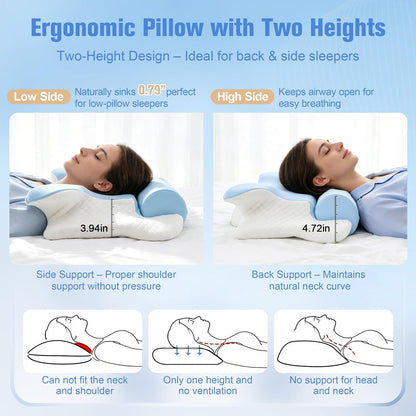 Cervical Neck Pillow for Pain Relief, 2-in-1 Memory Foam Pillow with Removable Cervical Roll, Orthopedic Neck Support Contour Bed Pillows with Ice Silk Pillowcase for Side Back Stomach Sleepers