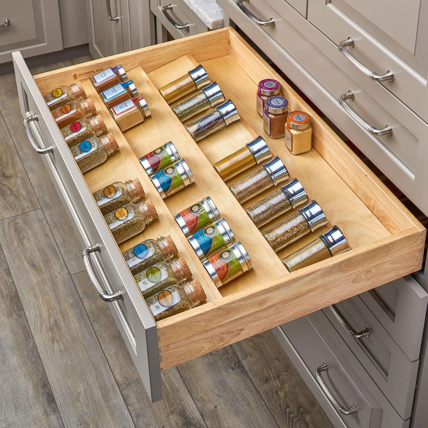 Rev-A-Shelf 36" 3-Tiered Trimmable Wooden Pull-Out Spice Rack, Maple | Wooden Kitchen Drawer and Cabinet Home Storage Insert for Seasoning Organization