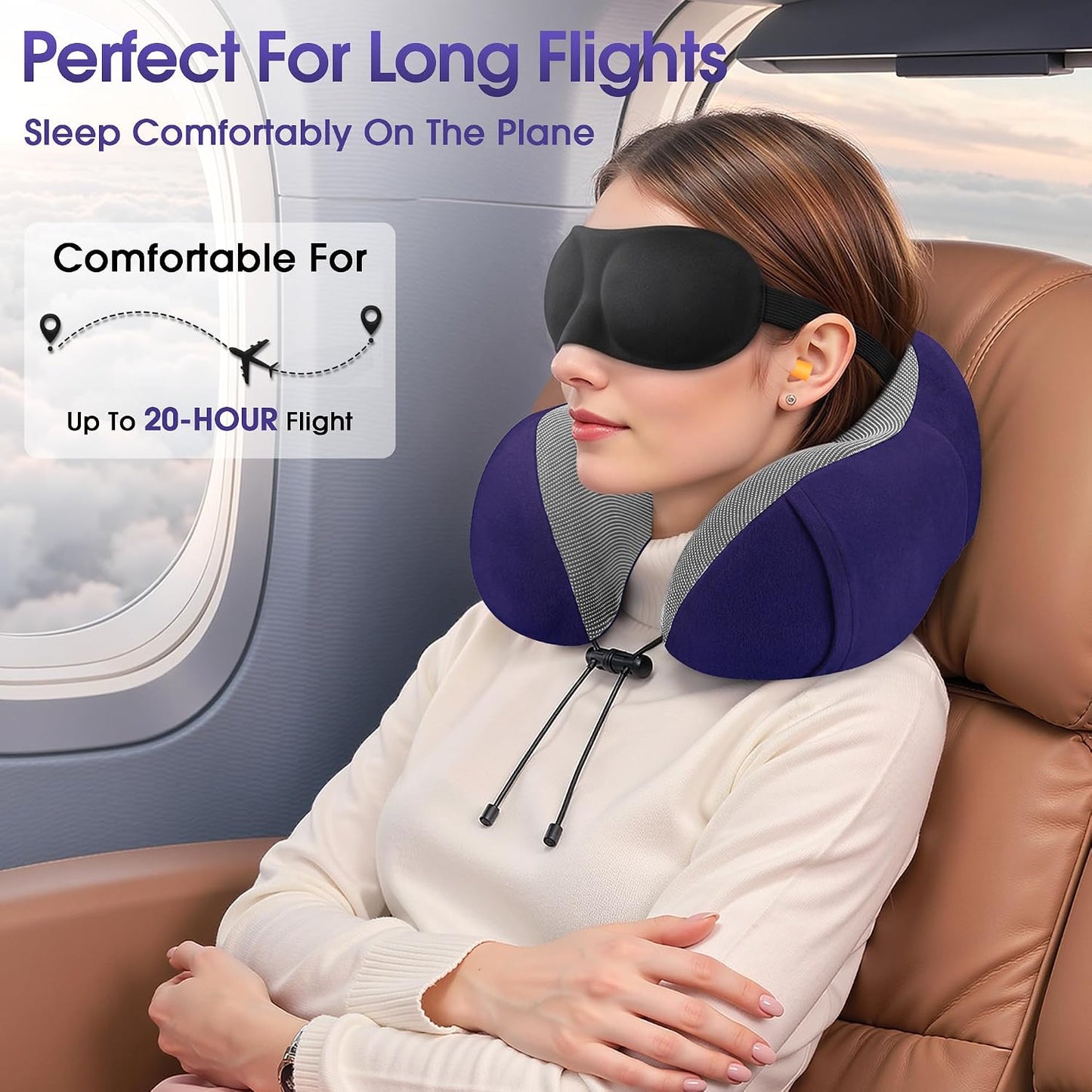 CloudBliss Neck Pillow for Airplanes, Memory Foam Travel Pillow, Black | Compact Flight Pillow with Eye Mask, Earplugs, Carry Bag, Travel Neck Pillow for Long Flight Sleep, Plane Travel Essentials