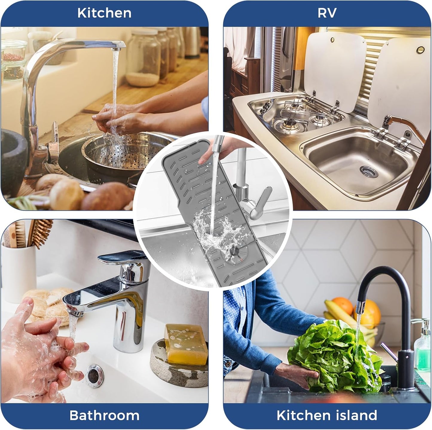 BFONS Silicone Faucet Handle Drip Catcher Drying Tray Mat Dish Soap Sponge Holder Accessories Gadgets for Kitchen Counter Bathroom Kitchen Sink Splash Guard -Grey