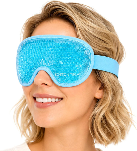 Boston Tech EyeCool Hot & Cold Gel Eye Mask, Reusable Cooling Eye Mask for Puffy-Looking Eyes & Tired Eyes, Flexible Gel Beads, Reversible Dual-Sided Design, Adjustable Strap & Storage Bag (Blue Mask)