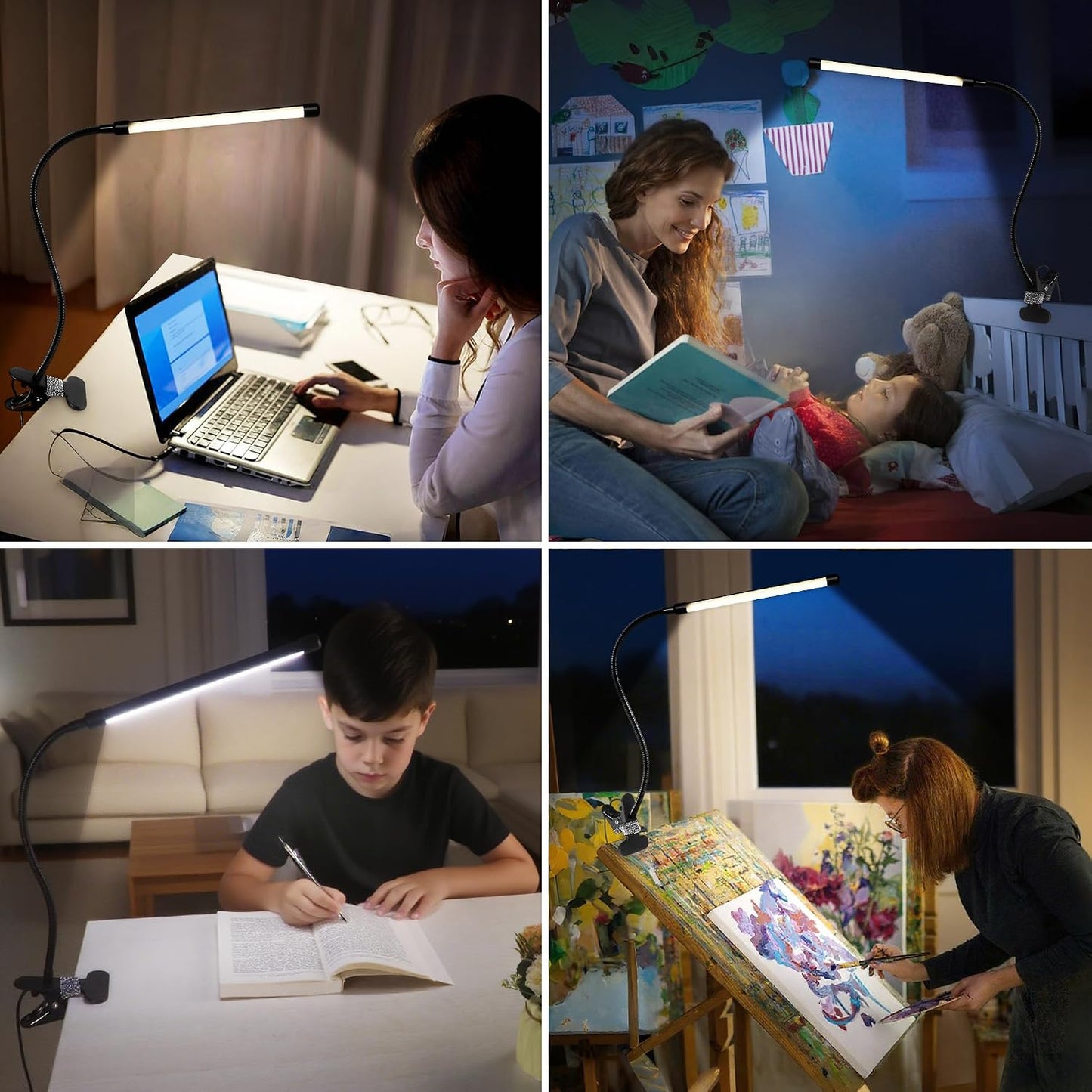 Clip on Desk Lamp with Clamp,Dimmable Eye Caring Book Reading Light for Bed | 54 LED 3 Color 10 Brightness, Push Button,USB Powered with Adapter, Flexible Gooseneck Clamp Lamp for Computer Workbench Nail