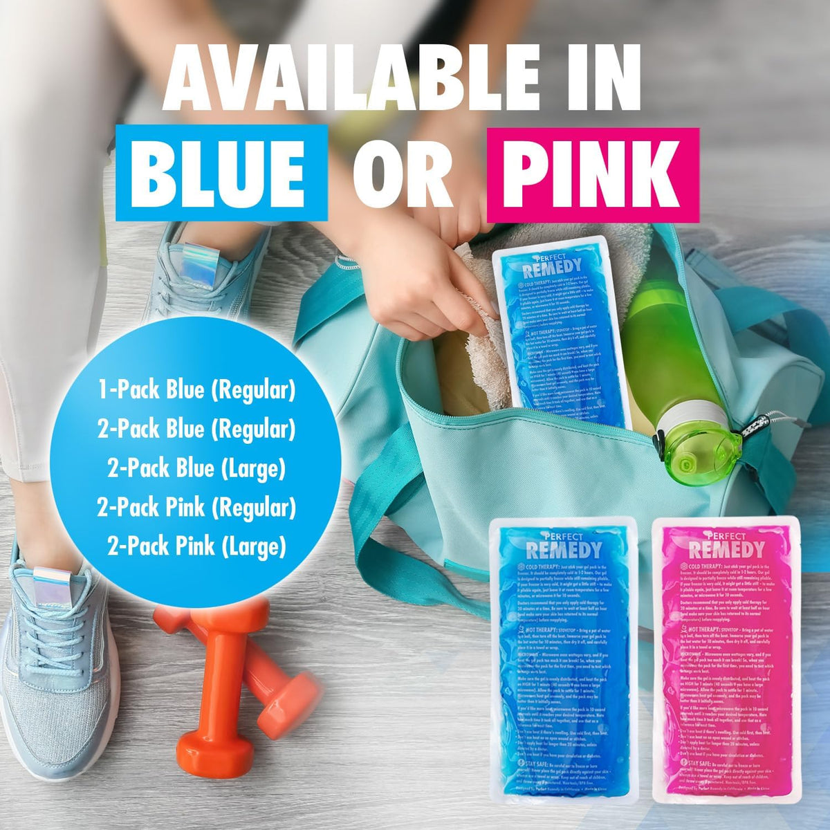 Perfect Remedy Gel Ice Packs for Injuries with Strap Cover, Flexible Hot Cold Compress, Soothing Soft Ice Packs for aid in Injuries Conditions, Alternative to Hot Water Bottles (Blue, Regular)