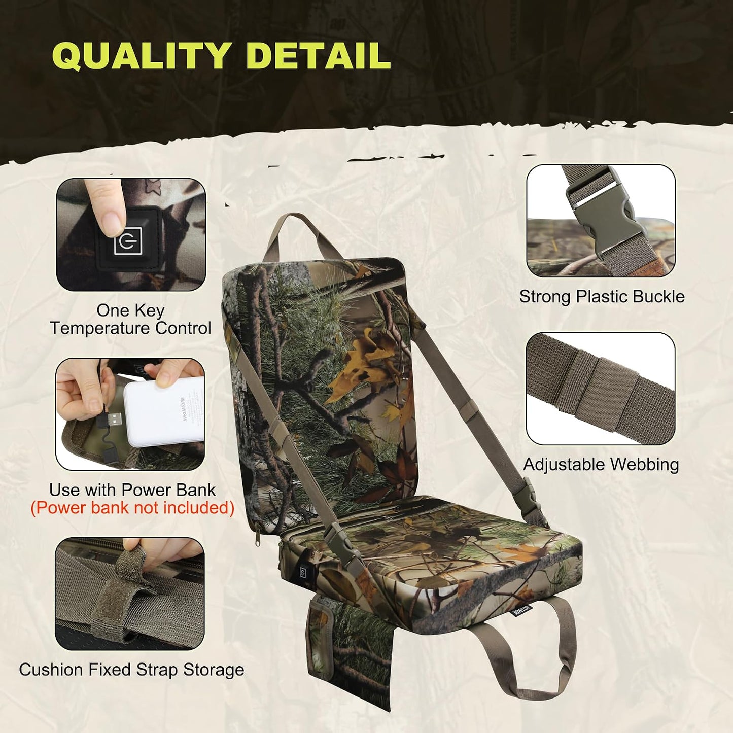 Heated Hunting Seat Cushion with Backrest, Adjustable Hunting Seat for Tree Stand & Ladder Stand, Portable Seat Pads for Hunting,Ice Fishing,Hiking,Camping (Battery not Included) (Camouflage)