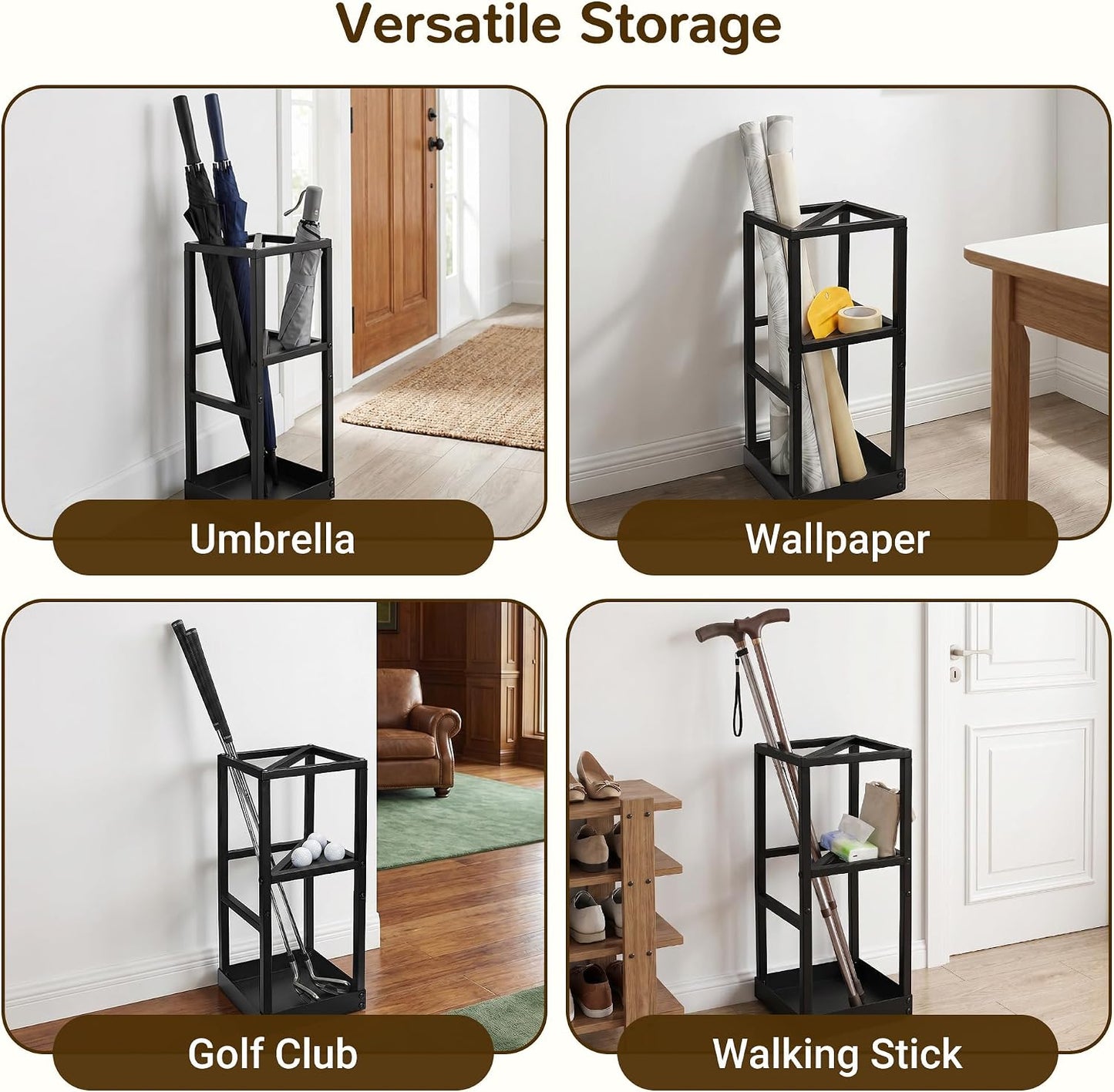 Umbrella Stand for Entryway Metal Geometric Freestanding Umbrella Holder or Cane Holder with Shelf for Small Umbrellas and Bottom Drip Tray, Black