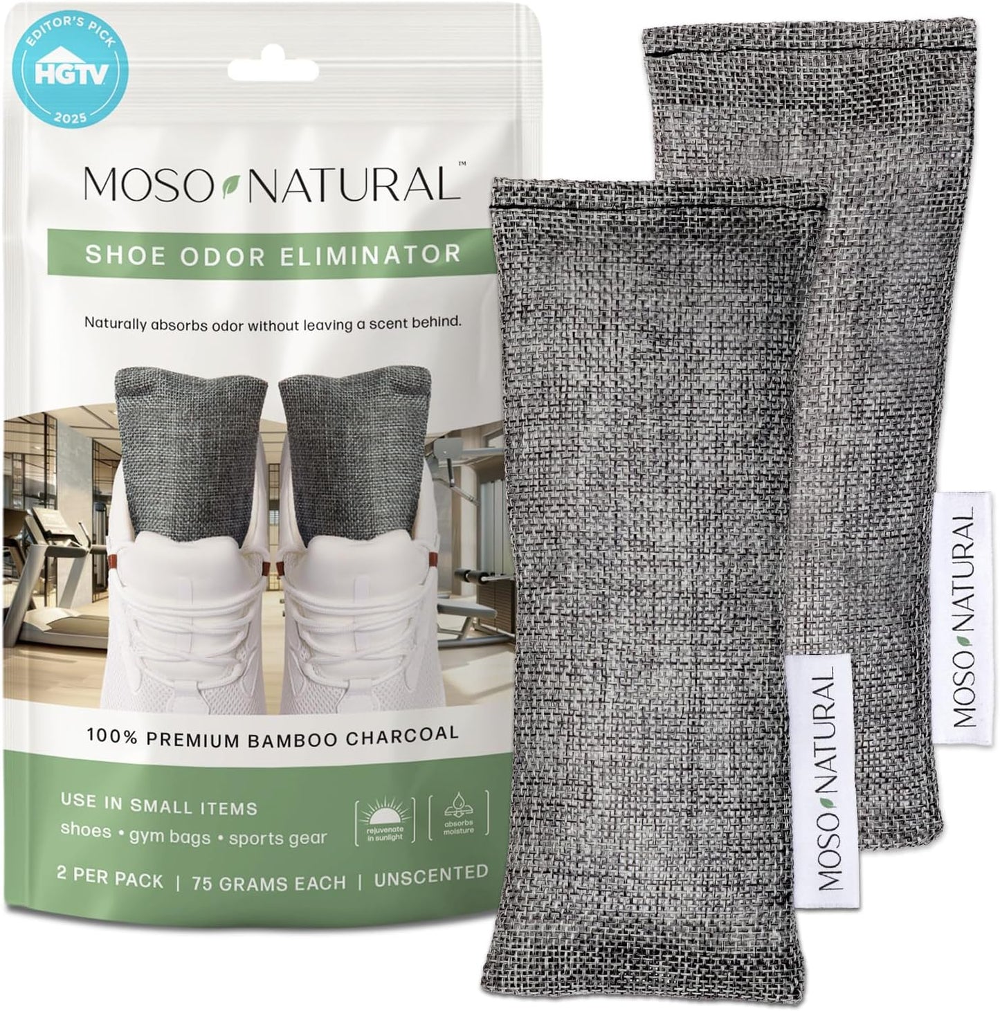 Moso Natural Shoe Deodorizer Inserts, Charcoal Odor Absorber for Shoes, Gym Bag & Boot Deodorizer, Unscented Shoe Odor Elimination, Air Purifying Bags, Lasts 2 Years (2 Bags)