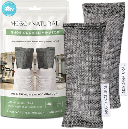 Moso Natural Shoe Deodorizer Inserts, Charcoal Odor Absorber for Shoes, Gym Bag & Boot Deodorizer, Unscented Shoe Odor Elimination, Air Purifying Bags, Lasts 2 Years (2 Bags)