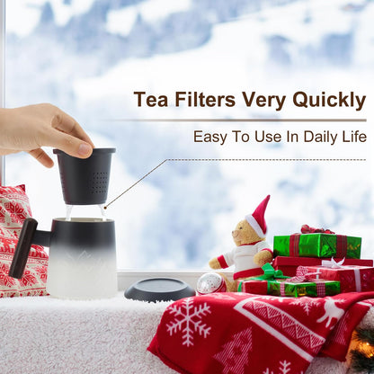 Tea Cup with Infuser, 13.5oz Ceramic Tea Infuser Mug with Wood Handle and Cup Lid, Tea Strainer Cup for Loose Leaf Steeping, Black&White