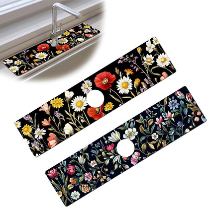 Bimkole 2 PCS Faucet Absorbent Mat, Kitchen Faucet Sink Splash Guard Wraparound Cloth Pads Drip Catcher for Sink Faucet for Kitchen Bathroom Faucet, Colorful Faucet Mat, 15 x 4 Inch Flower A6
