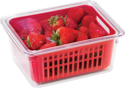 Oggi Berry Container for Fridge - Double Colander Basket - Ideal Berry Containers for Fridge, Includes Berry Colander Insert (8.75" x 6.75" x 3.75"), Red