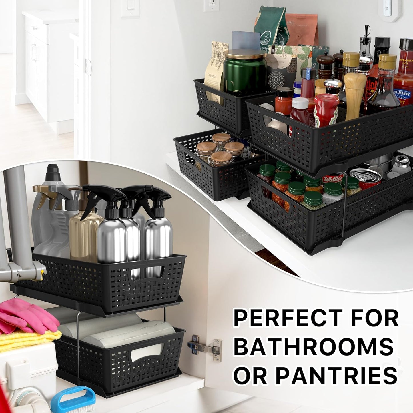 Simple Houseware 2 Tier Pull-Out Sliding Drawer Under Sink Storage, White | Great for Kitchen Bathroom Tray Shelf Organizer