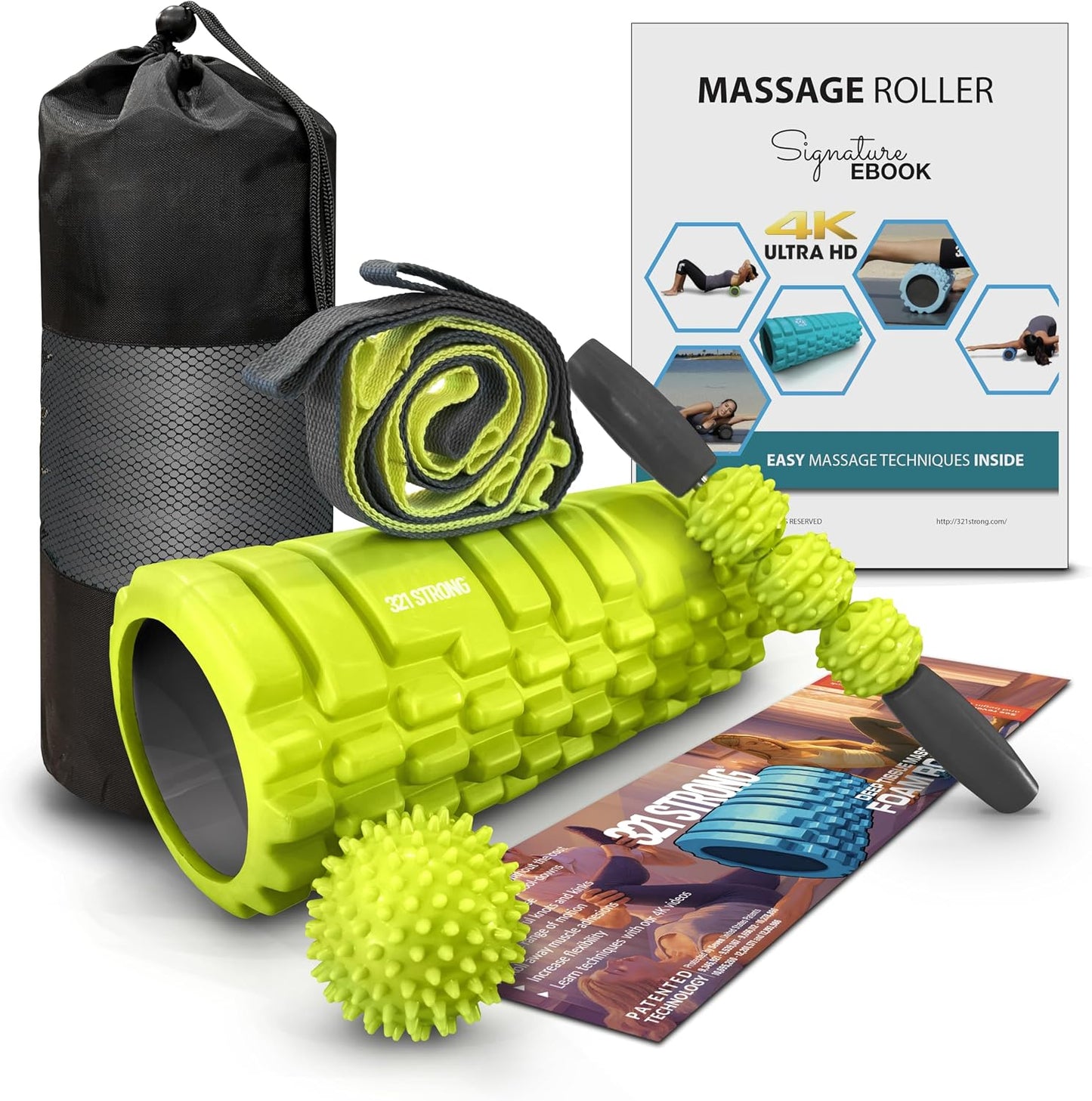 5-in-1 Massage Set, Complete Mobility Kit for Workout Recovery | Deep Tissue Roller for Legs, Spikey Foot Ball, Hamstring Stretch Strap, Quad Roller Stick, Carry Bag