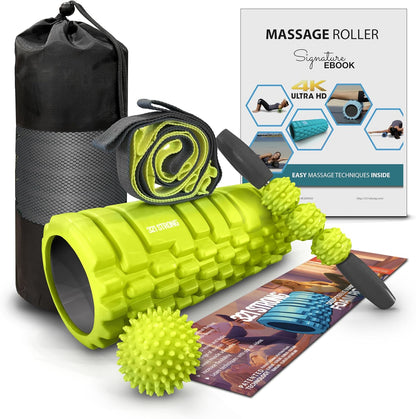 5-in-1 Massage Set, Complete Mobility Kit for Workout Recovery | Deep Tissue Roller for Legs, Spikey Foot Ball, Hamstring Stretch Strap, Quad Roller Stick, Carry Bag