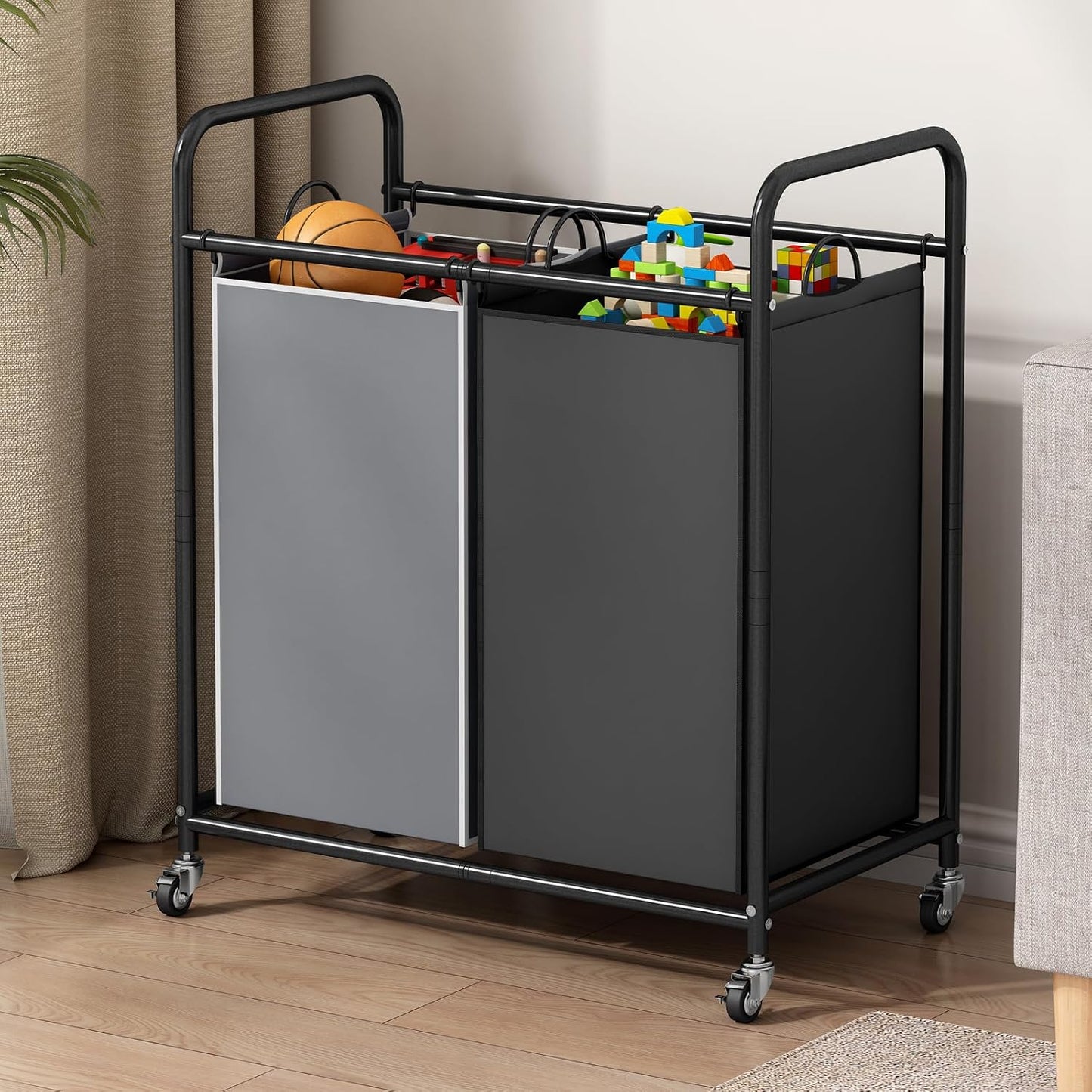 SUOERNUO Laundry Hamper with Lockable Wheels and 2 Removable Bags | Rolling Laundry Basket Laundry Sorter 2 section for Dirty Clothes in Laundry Room or Small Spaces, Grey+Beige