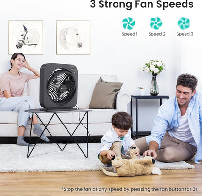 AMACOOL Table Fan, 12 inch Box Fan with 3 Speeds & 8HRS Timer, 270° Pivoting Quiet Air Circulator, Desktop Fan for Bedroom Bathroom Kitchen Office, AC Adapter Included, Co-Branded with Cmyfato-Black