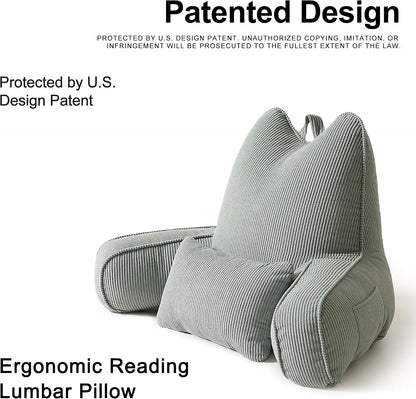 Patented Design Reading Pillow with Arms for Sitting Up, 2-in-1 Bed Rest Pillow with Detachable Lumbar Support, Backrest Support Cushion for Couch with Side Pockets & Handle, Beige Gray