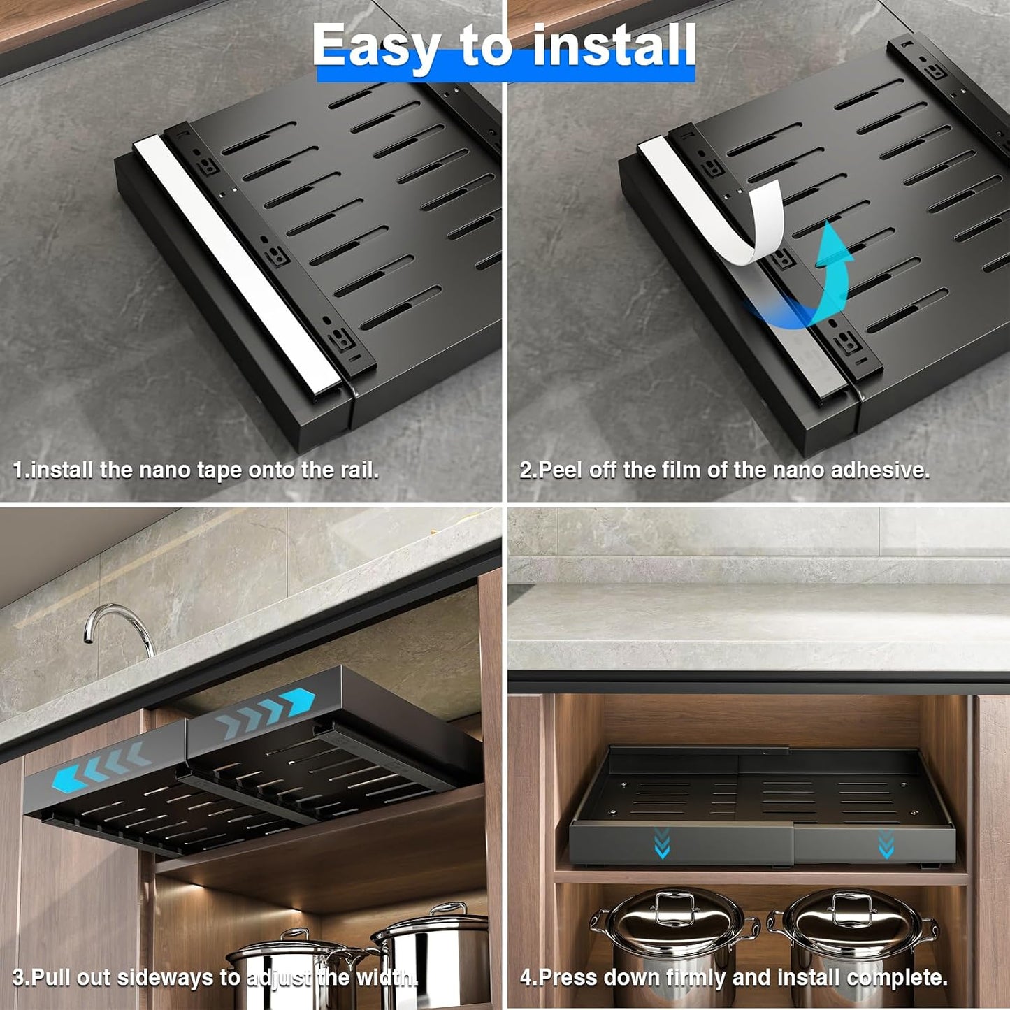 Mustorn 2 Pack Pull Out Cabinet Organizer, Slide Out Drawers for Cabinets, Peel and Stick, Heavy Duty Shelves for Kitchen, Cupboard, Pantry, Bathroom (16.5"D*11.8"W*3.94"H-Black)