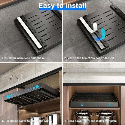 Mustorn 2 Pack Pull Out Cabinet Organizer, Slide Out Drawers for Cabinets, Peel and Stick, Heavy Duty Shelves for Kitchen, Cupboard, Pantry, Bathroom (16.5"D*11.8"W*3.94"H-Black)
