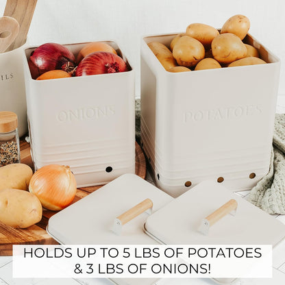 Beautiful Potato and Onion Storage Container Set - Food Safe Metal Bins | Spacious 10.1" and 8.9" Canisters for Your Kitchen Counter or Pantry - Keeps Produce Fresh Longer