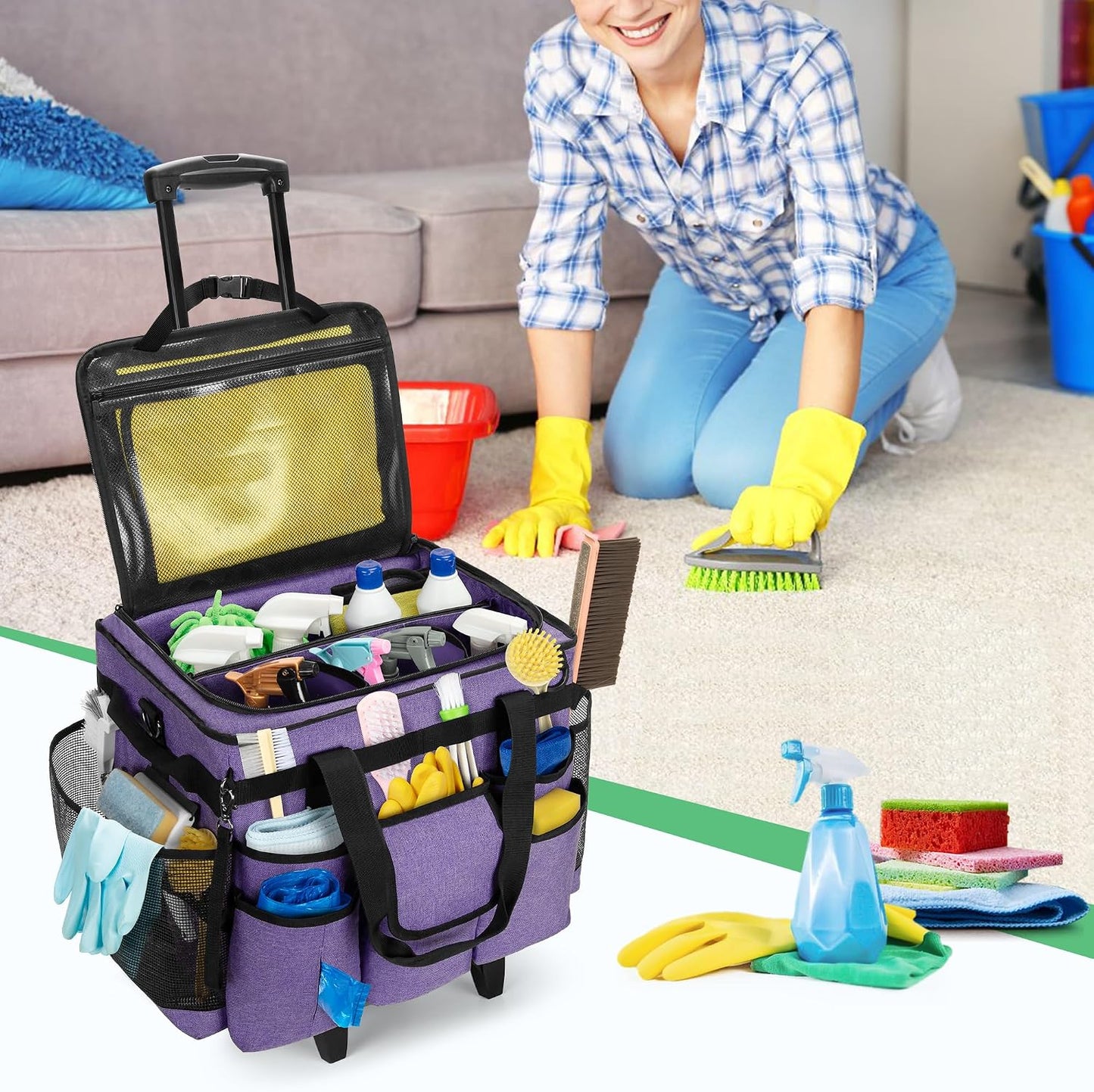 LoDrid Rolling Cleaning Caddy with Lid and Detachable Trolley, Black | Cleaning Supplies Organizer, Cleaning Caddy Cart on Wheels with Handle and Shoulder Strap for Housekeepers