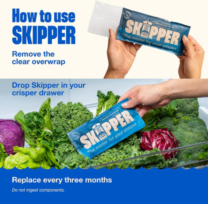 Skipper Fridge Hydration Pack | Keeps Vegetables & Herbs Fresh 3X Longer | Releases purified water vapor & uses only all-natural ingredients. Compact and easy-to-use crisper drawer pack