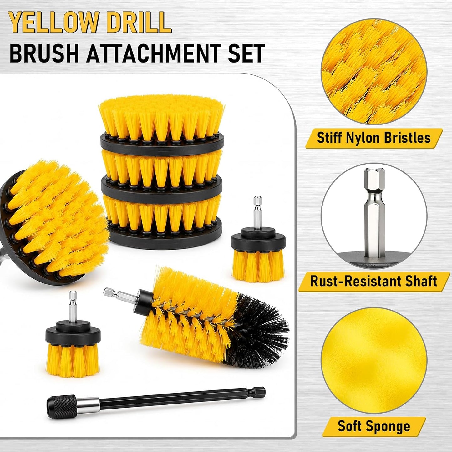 28 Pack Drill Brush Attachment Set, Power Scrub Brushes with Extend Long Attachment for Bathroom, Car Detailing, Sinks, Grout, Floor, Tub, and Kitchen Surface, Scratch Brushes (Yellow)
