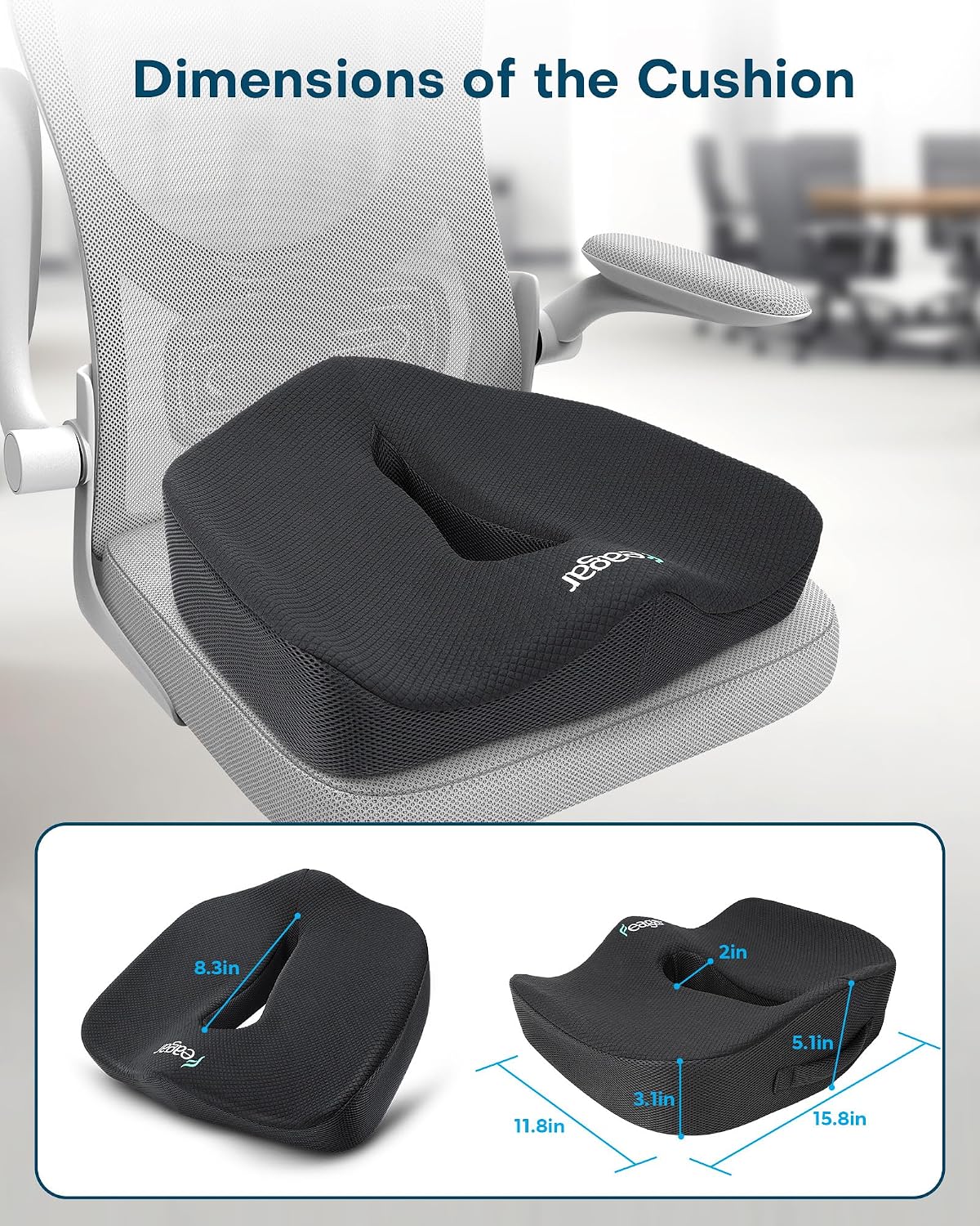 Feagar Ergonomic Seat Cushion - Hollow Memory Foam Tailbone Cushion | for Office Chair, Car Seat and Wheelchair - Wedge Chair Pad for Tailbone Pain Relief Hip & Lower Back Comfort, Black